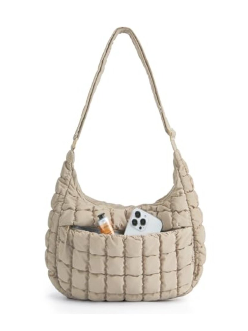 Quilted Puffy Crossbody Bag for Women, Adjustable Strap, Zipper Pocket,
